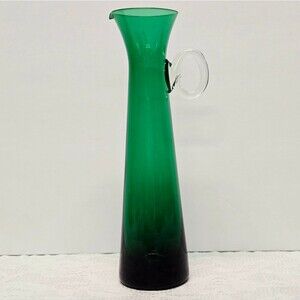 Vintage Relpo Mid Century Art Blown Glass Emerald Green Mini Pitcher or Bud Vase